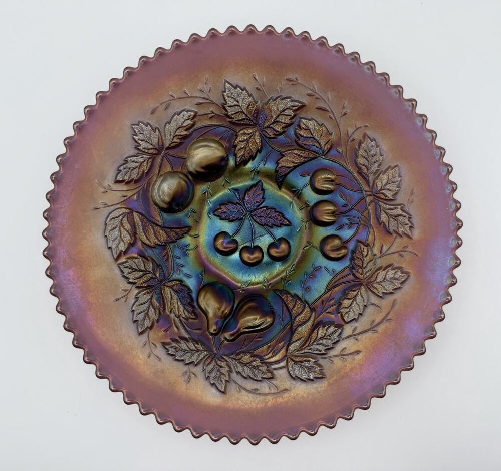 Northwood Amethyst Carnival Glass THREE FRUITS Footed Plate 9” Sawtooth Antique